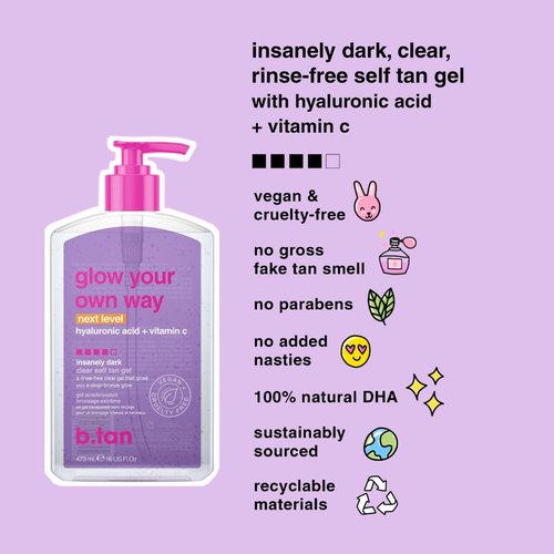 b.tan Insanely Dark Self Tan Gel - Ultra Quick, Transfer-Resistant Formula | 16 Fl Oz for a Natural Glow