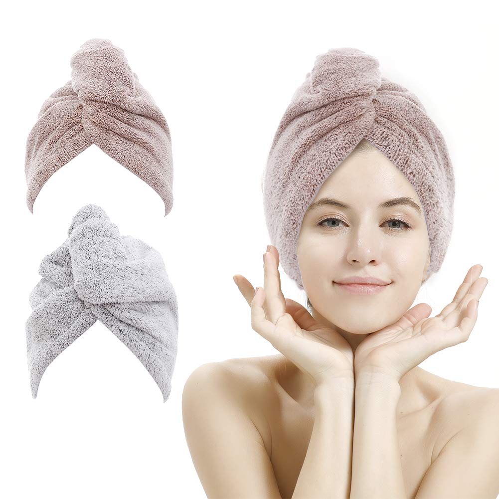 Skiennix Hair Towel Wrap - Rapid Drying Carbon Fiber Microfiber Towels for Curly Hair | 2 Pack (Star Gray & Star Pink)