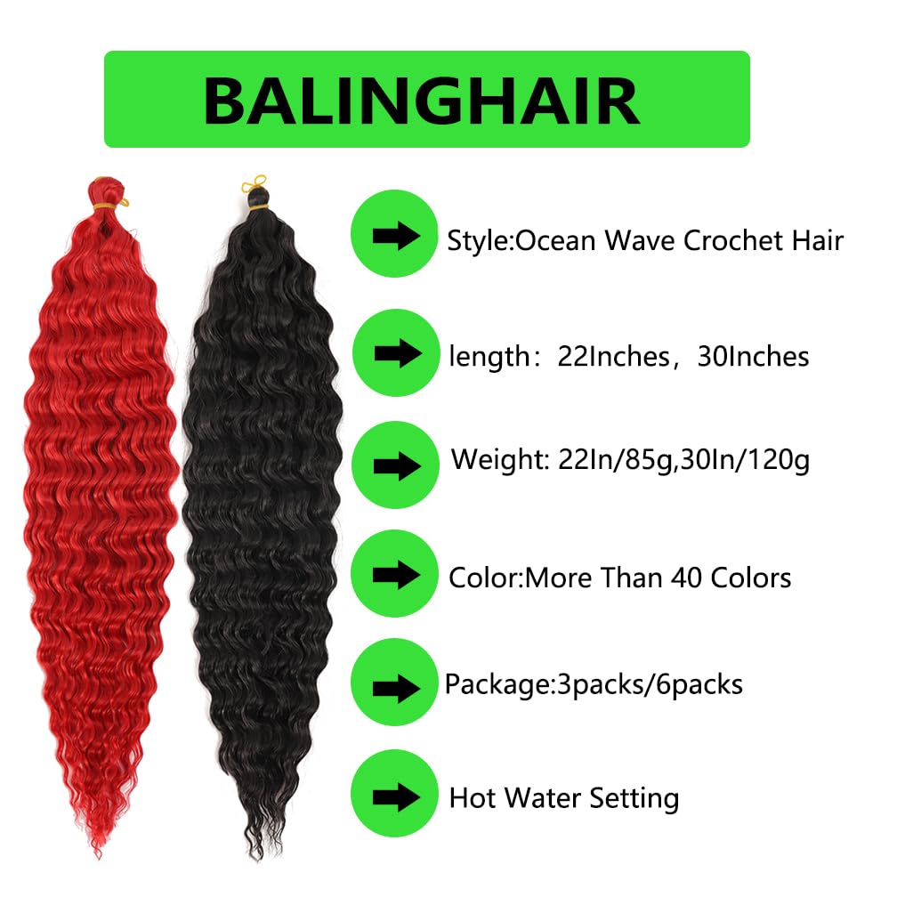 BALINGHAIR Ocean Wave Crochet Hair 24 Inch Deep Wave Braiding Hair Black Long Curly Crochet Braid Hair Extensions(1B-3Pcs)