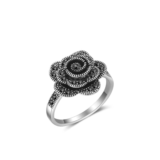 Aprilery Black Rings for Women, Fashion Vintage Statement Rings Band Marcasite Stone Cocktail Costume Hypoallergenic Jewelry for Her (Flower, 7)