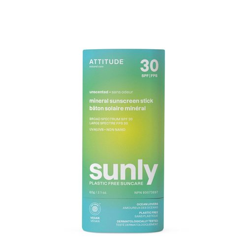 ATTITUDE Mineral Sunscreen Stick - SPF 30, Zinc Oxide, EWG Verified, Plastic-Free, 2.1 Ounces