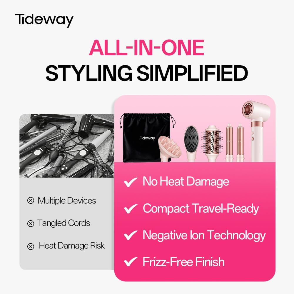 Tideway Prowaver 6-in-1 Hot Air Styler - Ionic Hair Dryer Brush with Auto Wrap Curlers | Fast Drying & Frizz-Free Hair