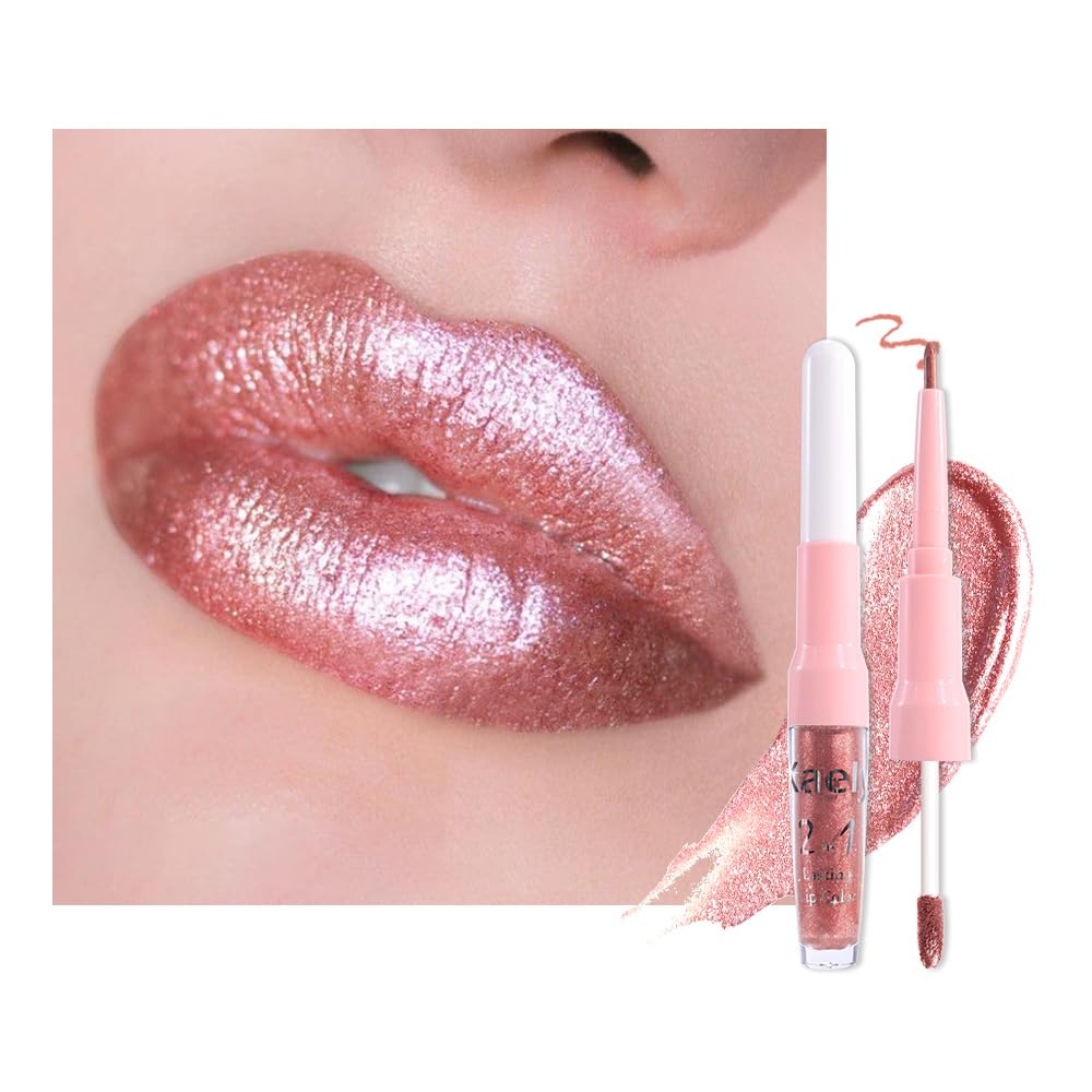 Kaely 2-in-1 Rose Gold Metallic Lipstick & Lip Liner - Long-Lasting, Waterproof Shimmer | Vegan Makeup, 04