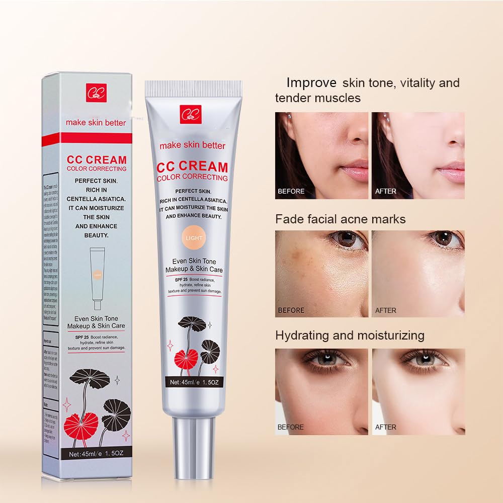Skiennix Color Correcting CC Cream - Lightweight Foundation with SPF 25, Hydrating Serum, Even Skin Tone (Light, 1PCS)