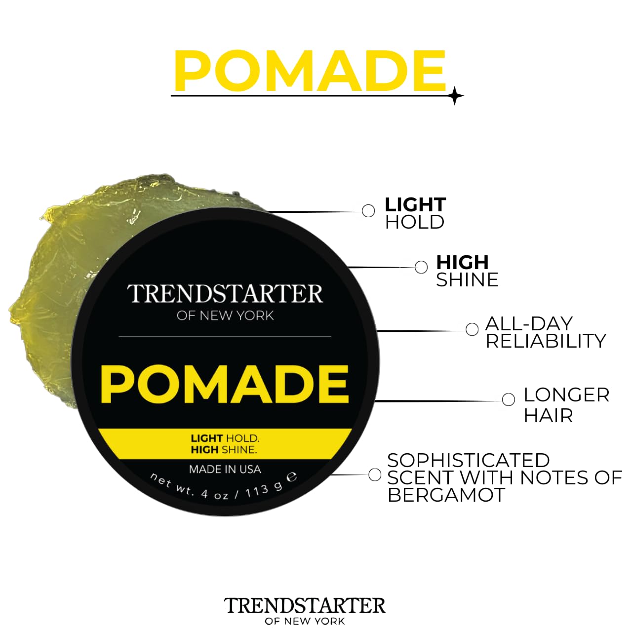 TRENDSTARTER Classic Pomade - Light Hold & High Shine | 4oz Water-Based Formula for All-Day Smooth Finish