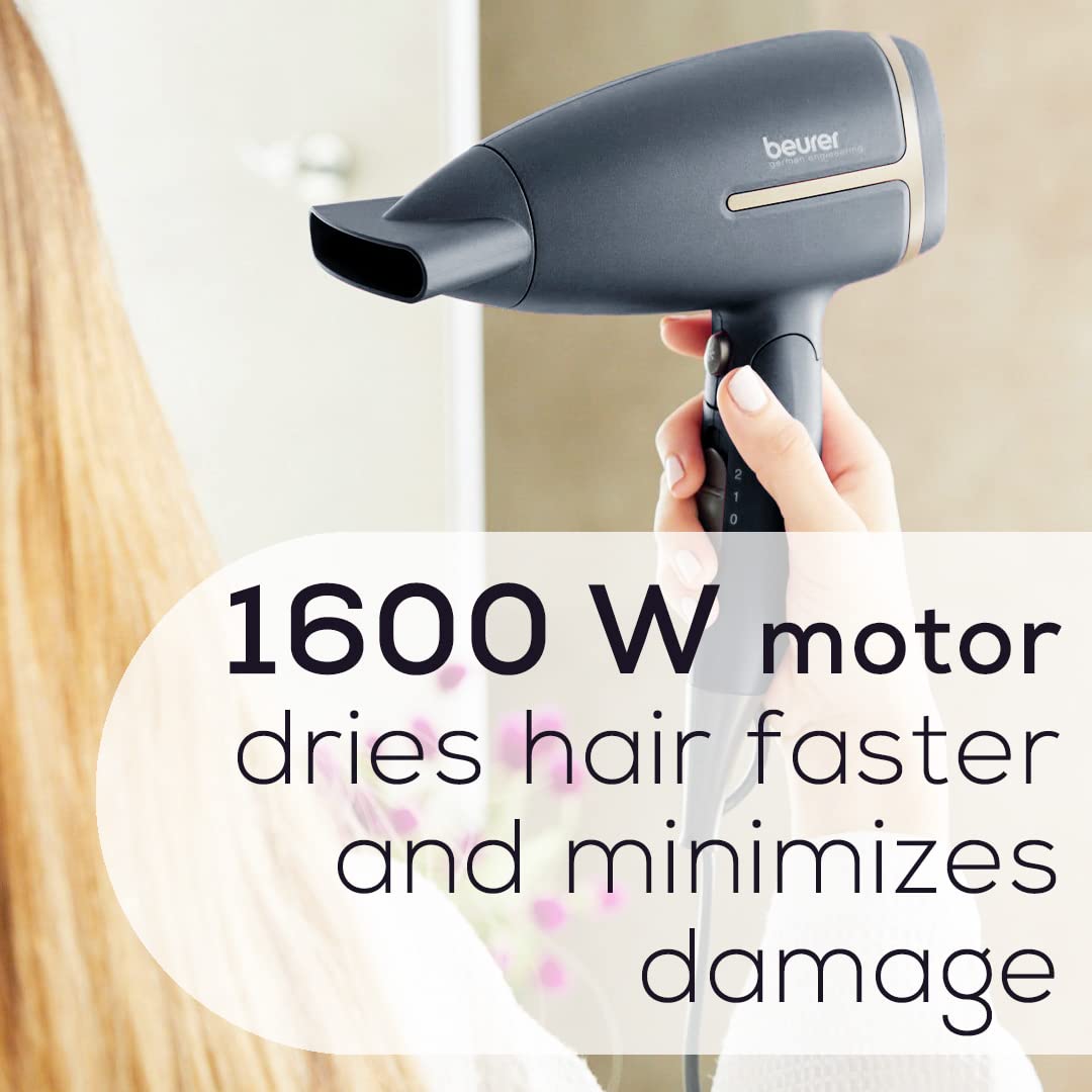Beurer Ionic Hair Dryer - 1600W Travel Blow Dryer with Voltage Switch & Foldable Handle | Black/Rose Gold