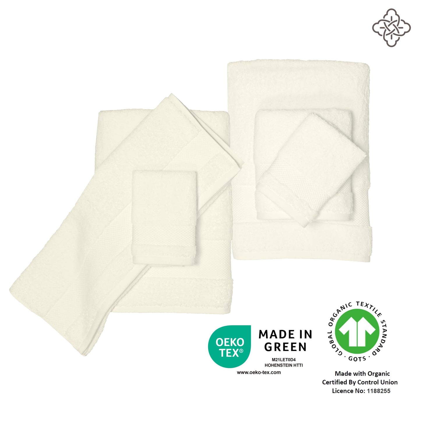 BIOWEAVES 100% Organic Cotton 700 GSM Plush 6-Piece Towel Set GOTS Certified, 2 Bath Towels, 2 Hand Towels & 2 Washcloths - Ivory