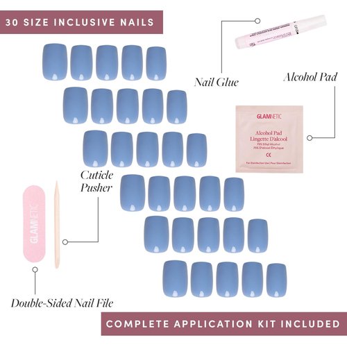 Glamnetic Press On Nails - Cashmere Blue | Opaque Soft Pale Sky Blue Short Squoval Fake Nails, Salon Quality | 15 Sizes - 30 Nail Kit