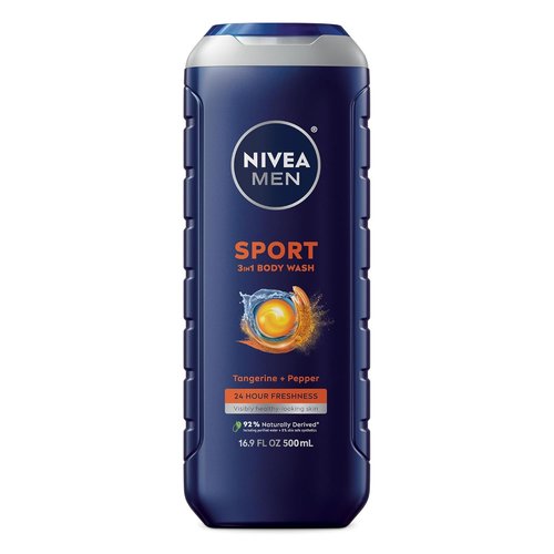 NIVEA Men Sport Body Wash - Revitalizing Minerals & Tangerine Pepper Scent | 3-in-1 Formula, 16.9 Fl Oz