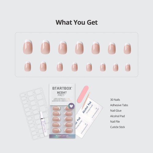 BTArtbox Press On Nails Short - Lamp-Curable Oval White French Tips Press On Nails with Glue for Women, Semi-Transparent Soft Gel Glue On Nails in 15 Sizes - 30 Stick On Nails Kit, Chic Twins