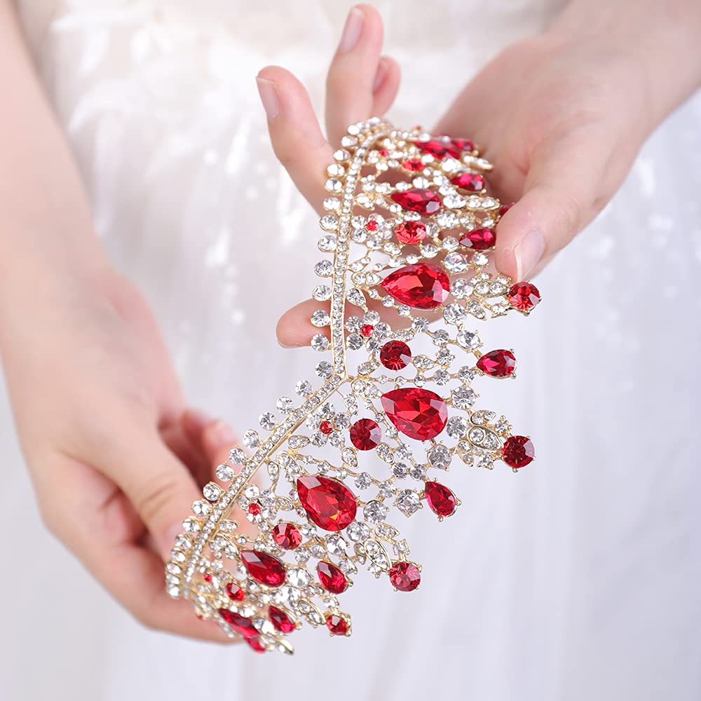 JWICOS Rhinestone Princess Crowns for Women and girls Wedding Bridal Party (red and gold)