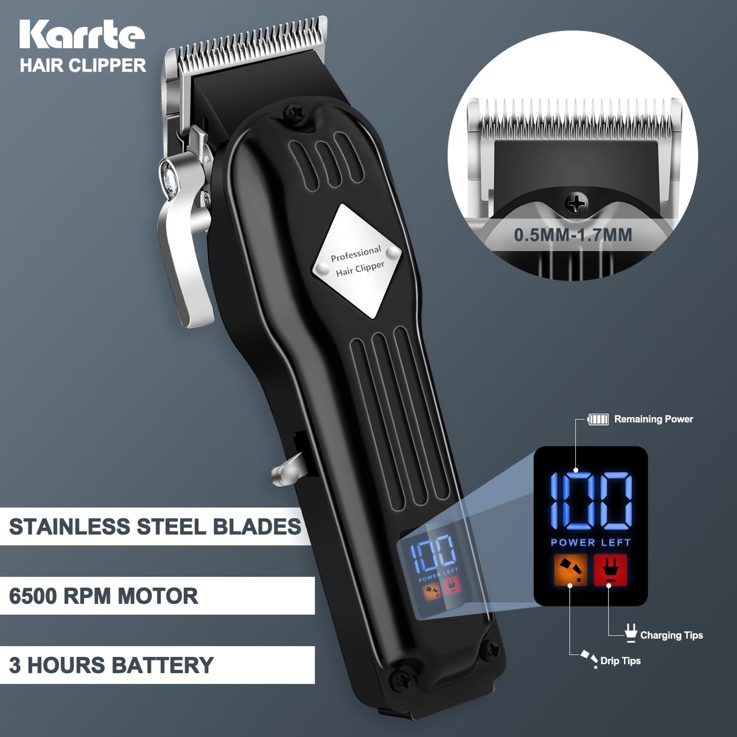 Karrte Professional Hair Clippers/Hair Trimmer/Beard Shaver Kit for Men - Cordless Barber Clipper Hair Cutting Kit, Beard T Outliner Trimmers Haircut Grooming Kit,Gifts for Men (Black)