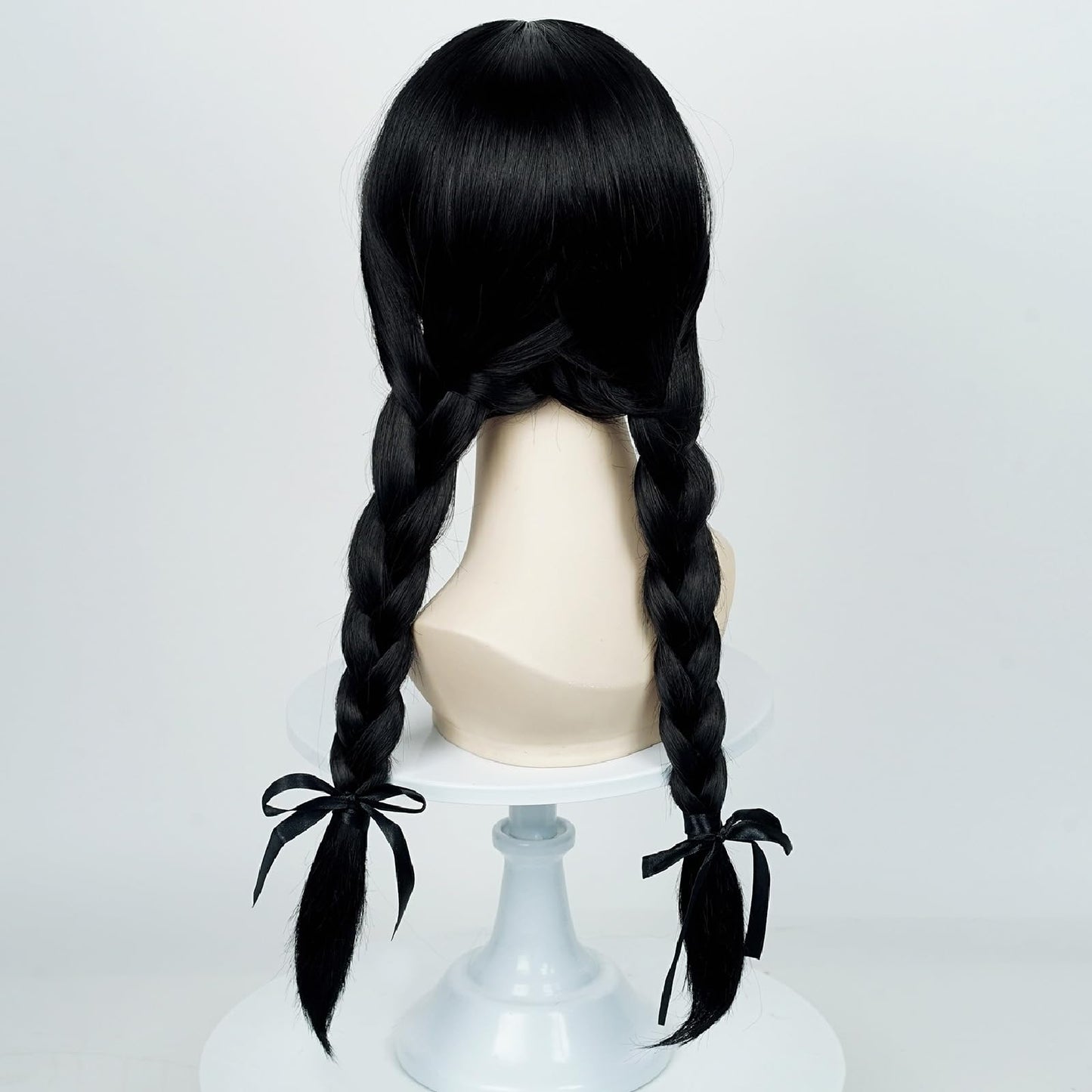 Wednesday Wig for Kids Girls, Black Braided Wig with Ribbons Wig Cap, Long Straight Middle Parting Synthetic Hair Wig for Halloween Costume Cosplay