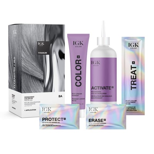 IGK Permanent Hair Dye Color Kit - BA Titanium Pure Cool Gray | 100% Gray Coverage, Strengthens & Adds Shine