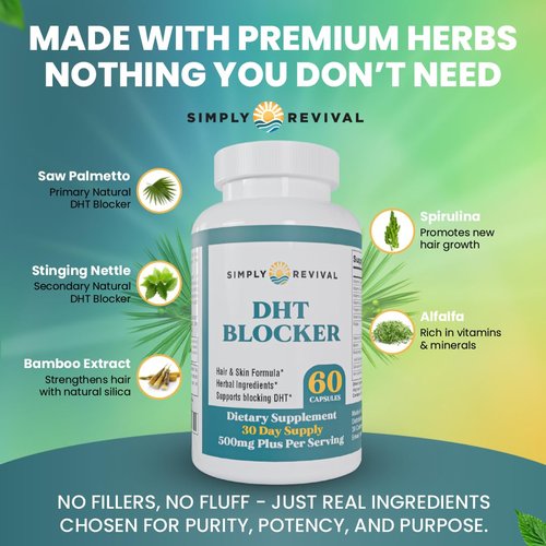 Simply Revival DHT Blocker for Men & Women – Saw Palmetto Herbal Supplement for Hair Growth – Supports Regrowth, Reduces Shedding, Strengthens Hair & Scalp – 60 Capsules