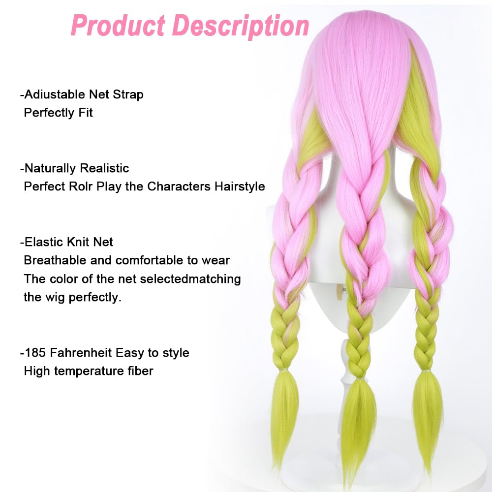 SEISAIDO Kanroji Mitsuri Wig DS Green and Pink Ombre 3 Pre-BraiDemon Slayer Characters Play Anime Cosplay Wigs Halloween Costume Party Christmas Gift Heat Resistant 80cm + wig cap