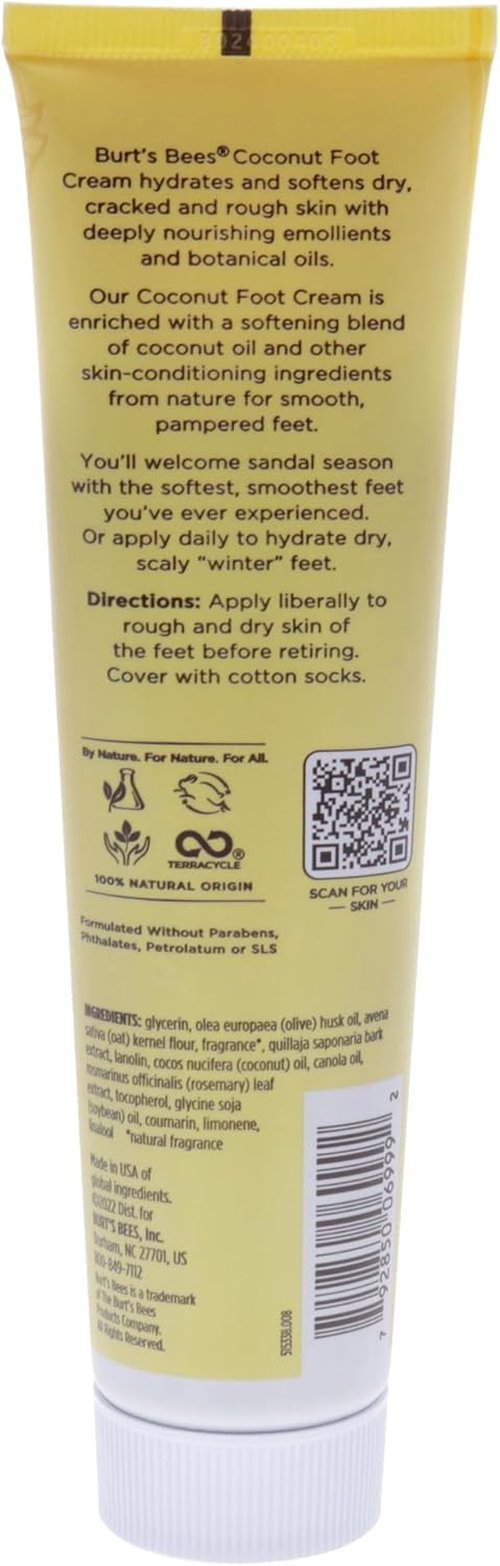 Burt's Bees Coconut Oil Foot Cream - Nourishing Hydration for Soft Feet | 4.34 Oz