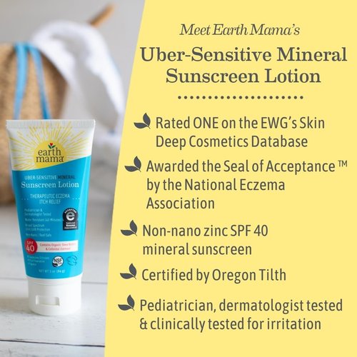 Earth Mama Uber-Sensitive Mineral Sunscreen Lotion SPF 40 - Non-Nano Zinc & Organic Colloidal Oatmeal | 3-Ounce Eczema Cream for Baby, Kid & Family