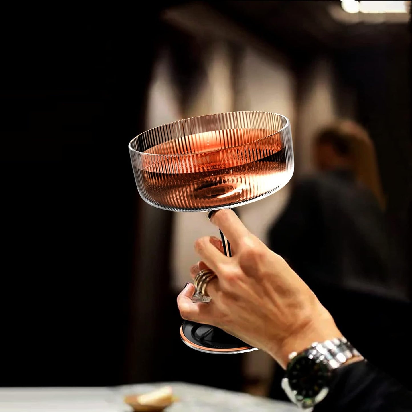 Skiennix 10 oz Ribbed Coupe Cocktail Glass Set - Elegant Hand Blown Martini Glasses in Gift Box (6 Pcs)
