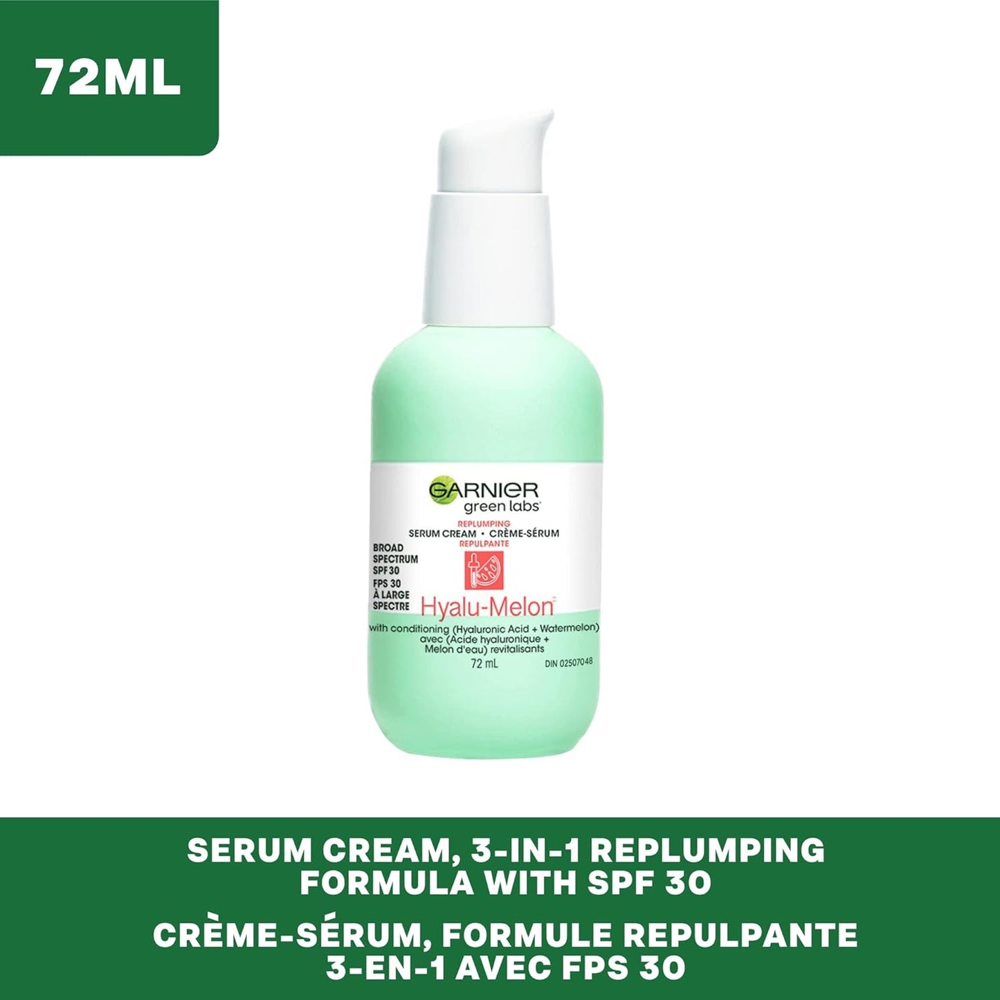 Garnier Green Labs Hyalu-Melon 3-in-1 Replumping Serum Cream - Hydrating with SPF 30, 2.4 Fl Oz