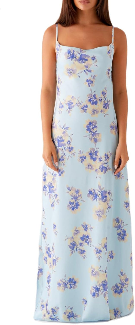Skiennix Women’s Floral Print Maxi Dress - Y2K Backless Spaghetti Strap Bodycon | Slim Fit, Long Design