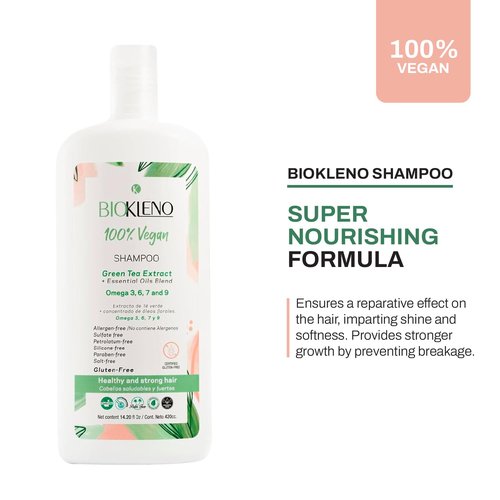 Biokleno Shampoo - 100% Vegan Formula with Green Tea Extract & Essential Oils | Nourishing & Sulfate-Free, 14.20 fl oz