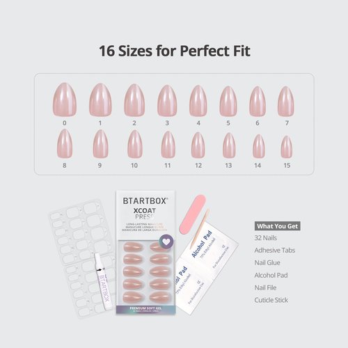 BTArtbox Press On Nails Almond - Short Nude Natural Nails Press Ons, Glue On Nails for Wedding Birthday Gift, Supremely Fit & Glossy Stick On Nails in 16 Sizes - 32 Nail Kit, Nudies