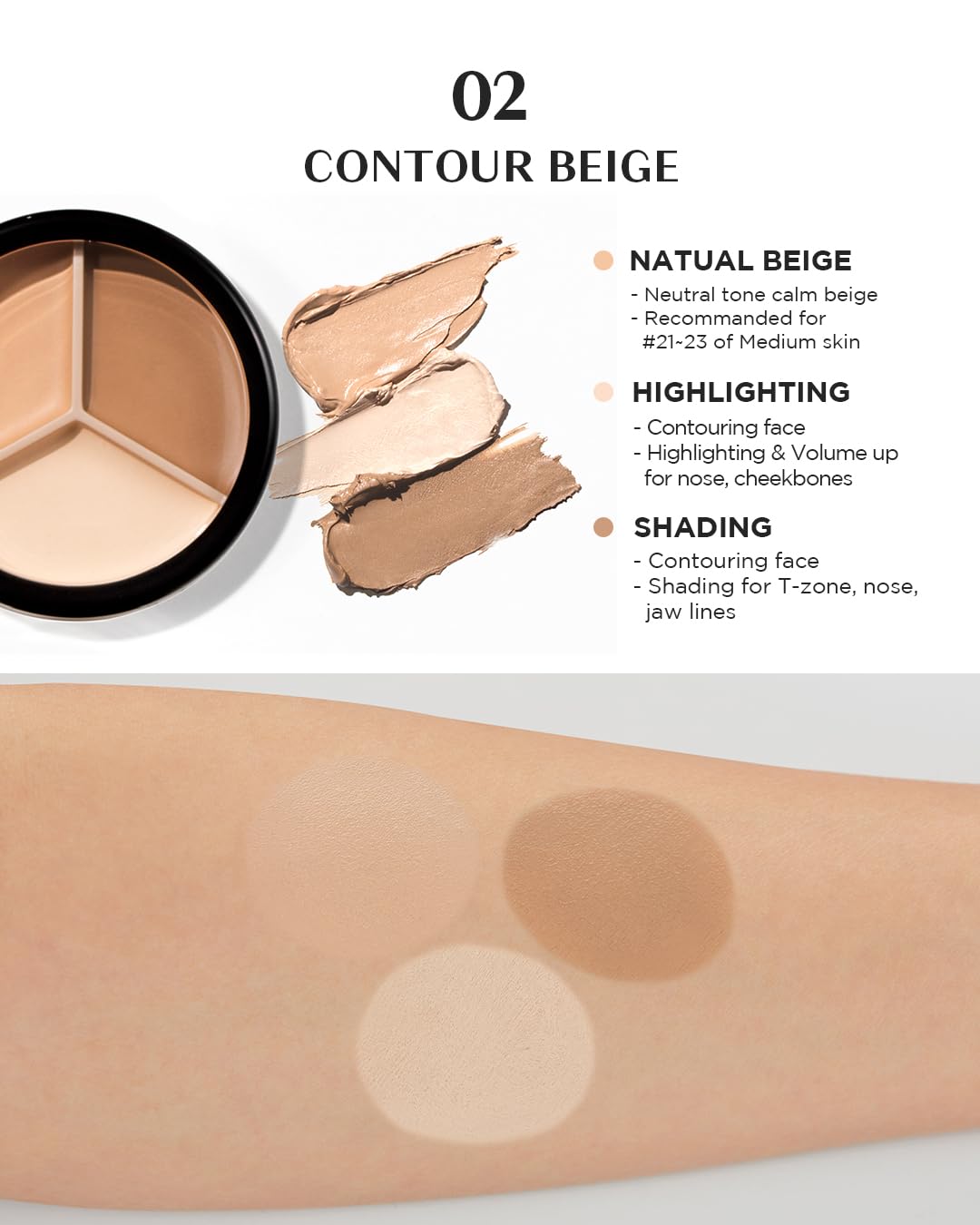 THESAEM Cover Perfection Triple Pot Concealer - 3-Color Contour & Highlight Palette - 02 Contour Beige with Sweet Almond Oil