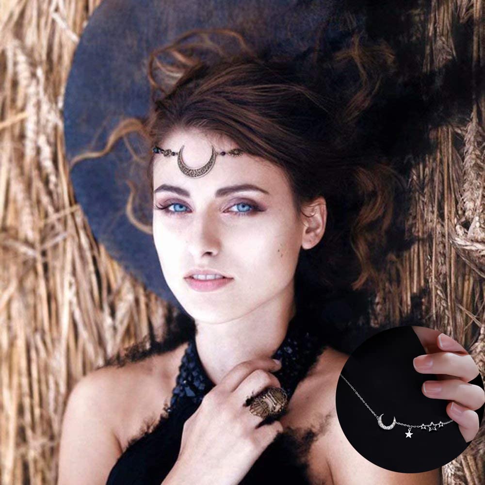 Coverdeal 2pcs Moon Headband Witch Headpiece & Moon Star Bracelet Set, Womens Fairy Crown Hair Chain Witch Jewelry