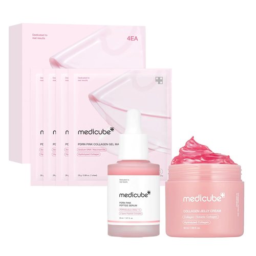 Medicube Pink Glass Glow Skin Trio - Salmon DNA PDRN Collagen Jelly Mask (4 Pack) & Peptide Serum | 50ml Glow Cream