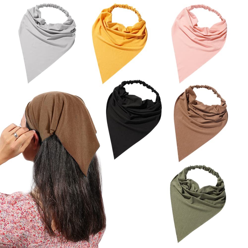 6 Pack Hair Scarf Headband for Women - Elastic Hair Kerchief Large Boho Triangle Bandana Head Scarf with Clips Non Slip Solid Color Headbands Hair Scarves for Teen Girls