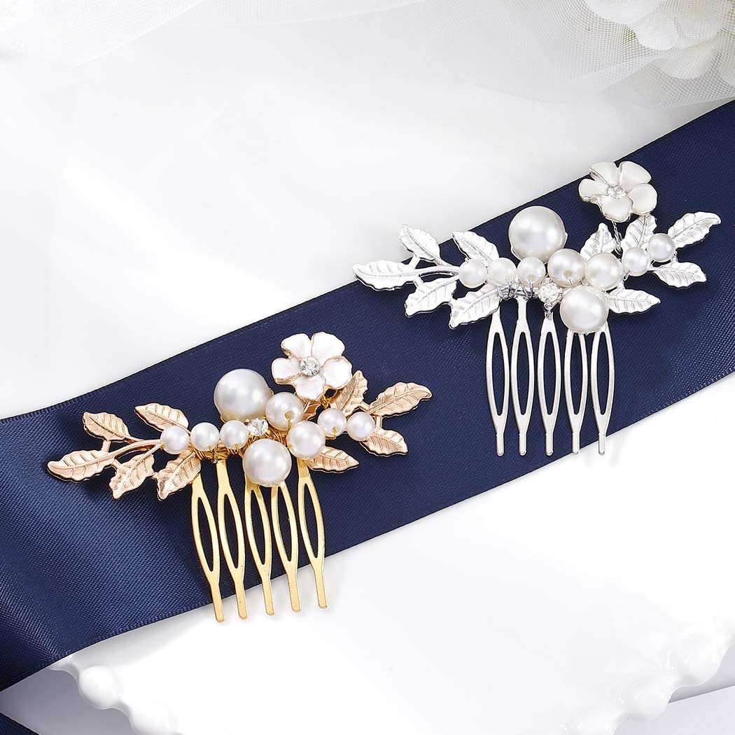 Yokawe Bridal Wedding Hair Comb Gold Pearl Flower Hair Clip Vintage leaf Rhinestone Bride Hair Accessories for Women (Gold)