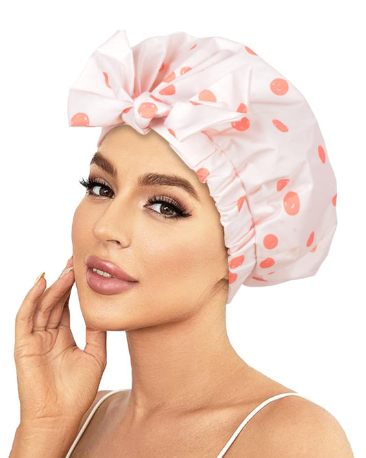 Luvruitaky Shower Cap Luxury Shower Caps for Women Reusable Waterproof Hair Cap for Shower with Adjustable Bowknot Hair Bath Cap (Pink)
