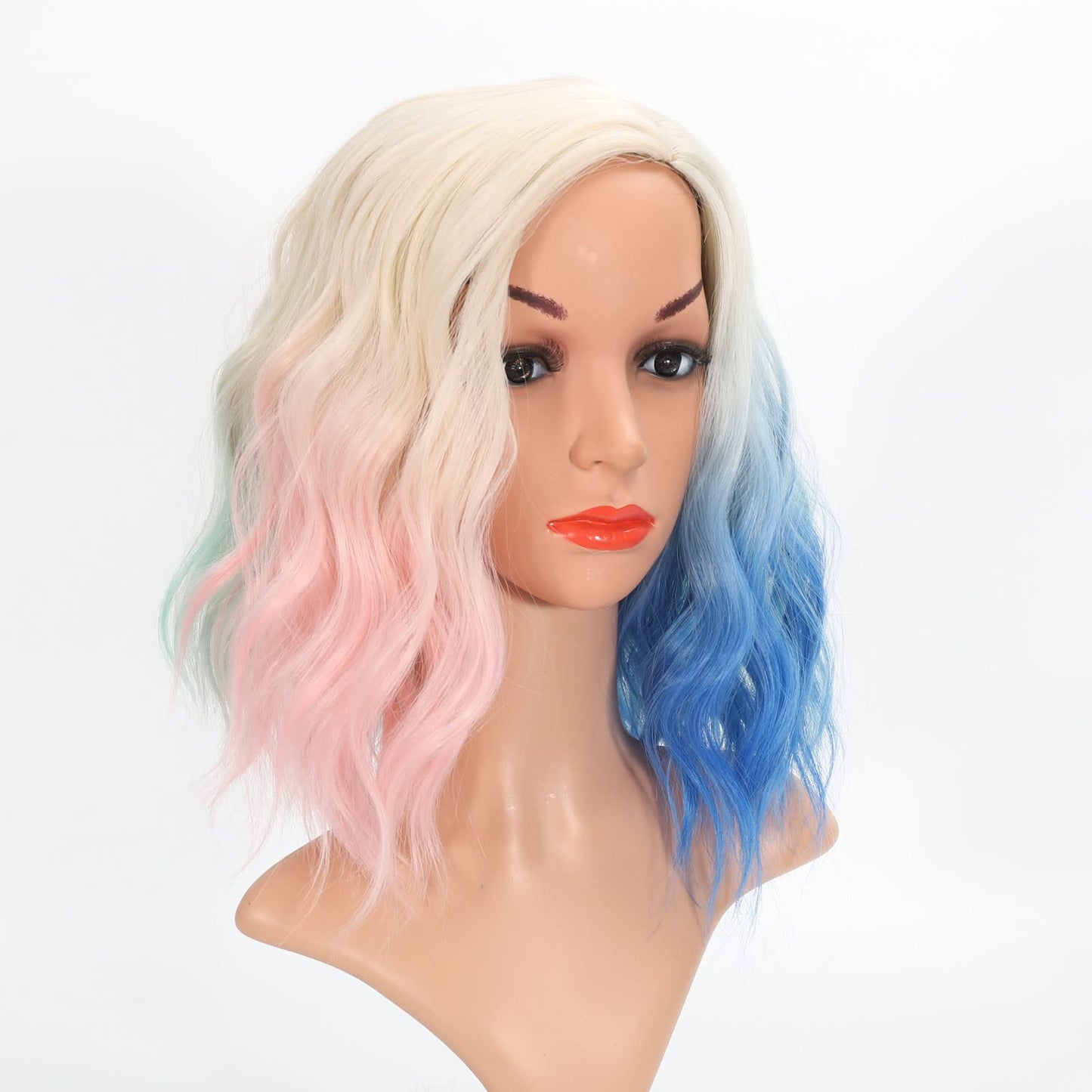 FATMAUI Women Side Part Omber Blue Pink Mint Mixed Bob Synthetic Realistic Halloween Costume Pelucas Girls Cosplay Short Wig (Blue and Pink)