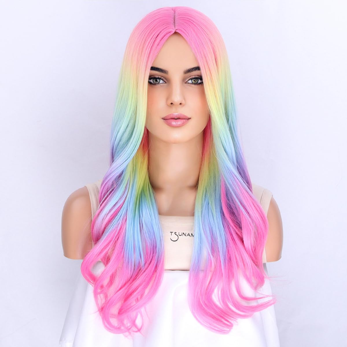 MAGQOO Rainbow Wig for Women Colorful Multicolor Wig Long Curly Wavy Wig Synthetic Halloween Cosplay Party Wig(Ombre Rainbow)