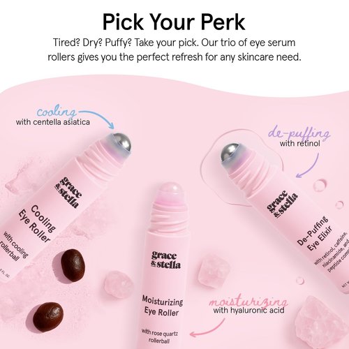 grace & stella Under Eye Brightener with Rose Quartz Rollerball - Centella Asiatica & Caffeine Under Eye Serum for Dark Circles & Puffiness - Travel Essentials, Birthday Gifts for Mom (15ml/0.51floz)