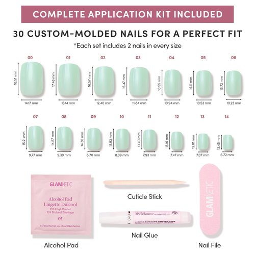 Glamnetic Press On Nails - Short Squoval Fake Nails, Mint Green Glazed Nails, Honeydewy | 15 Sizes - 30 Nail Kit with Glue | Gift for Mom