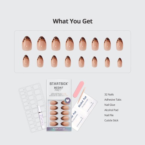 BTArtbox Press On Nails Almond - Espresso Leopard, Lamp-Curable Short French Tip Press On Nails with Glue and Adhesive Tabs for Women, Soft Gel Glue On Nails in 16 Sizes - 32 Stick On Nails Kit