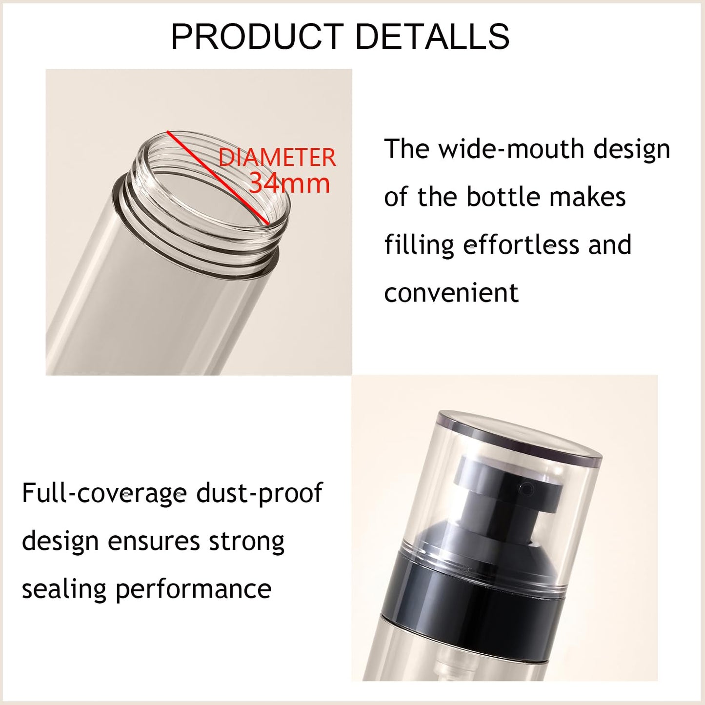 Wide Caliber airless Vacuum Pump Bottle, Reusable Cosmetics Pump Dispenser, DIY Easy Canned, Translucent Black Travel Size can be Packaged Separately Shampoo Light Lotion, etc. (1.7/oz, 4 Packs)