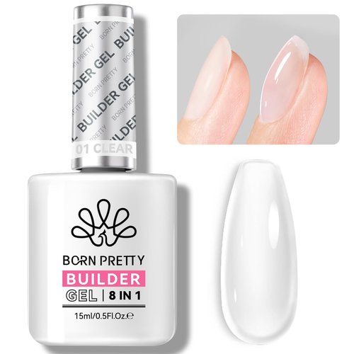 BORN PRETTY Builder Gel for Nails,8-in-1 Clear Builder Nail Gel for Nail Apex and Gel Extension Strengthener,Nail GLue Gel Hard Gel Base Rhinestone Nail Glue Gel in a Bottle 15ml