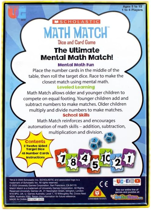 University Games | Scholastic Math Match Travel Dice Game - Fun Math Reinforcement for Kids Ages 5+