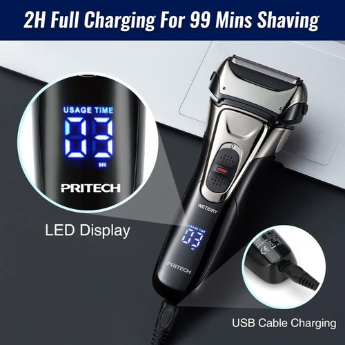 PRITECH Electric Razor for Men - Waterproof Foil Shaver with Beard Trimmer | Cordless Rechargeable, LED Display