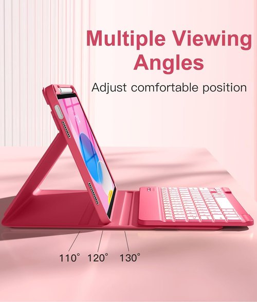 Hamile iPad 11th & 10th Gen Case - Wireless Detachable Folio Keyboard Cover with Backlit Colors & Pencil Holder (Pink)