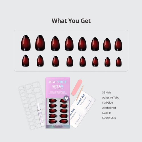 BTArtbox Press On Nails Short - Vampire Kiss, Red and Black Almond Halloween Press on Nails with Nail Glue, Soft Gel Glue On Nails in 16 Sizes - 32 Stick On Nails Kit