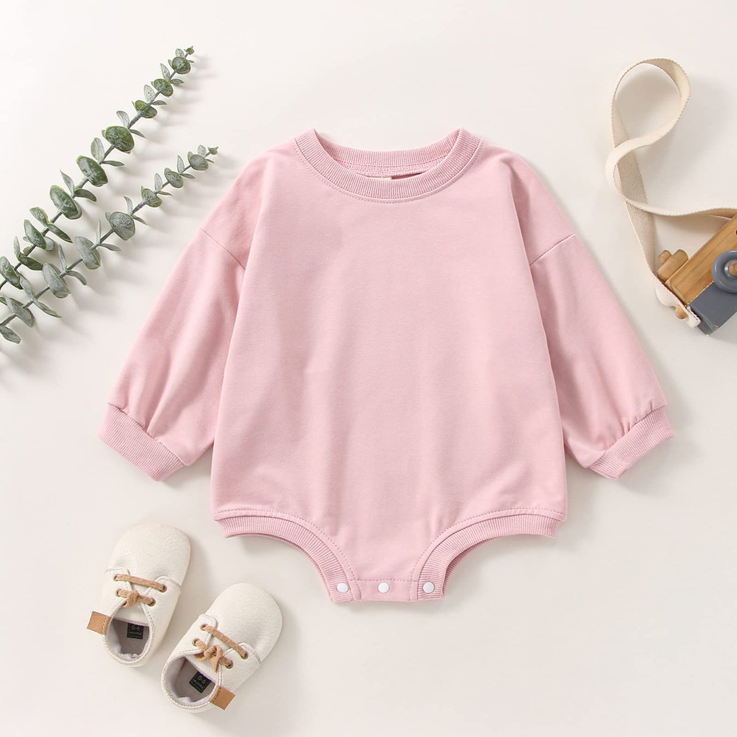 DOSYZTO Baby Girl Boy Sweatshirt Romper Outfit Solid Color Long Sleeve Round Neck Jumpsuit Infant Bodysuit Top (Solid Pink Romper,12-18 Months)