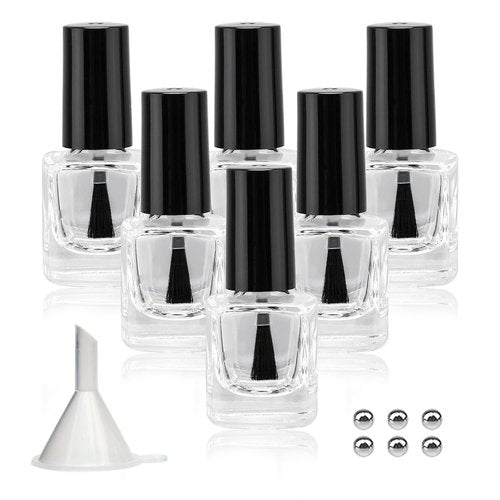 Agidea 6PCS Empty Nail Polish Bottles with Funnel, Empty Fingernail Polish Bottles Glass Rectangle with Brush & Mixing Balls Black (5ML)