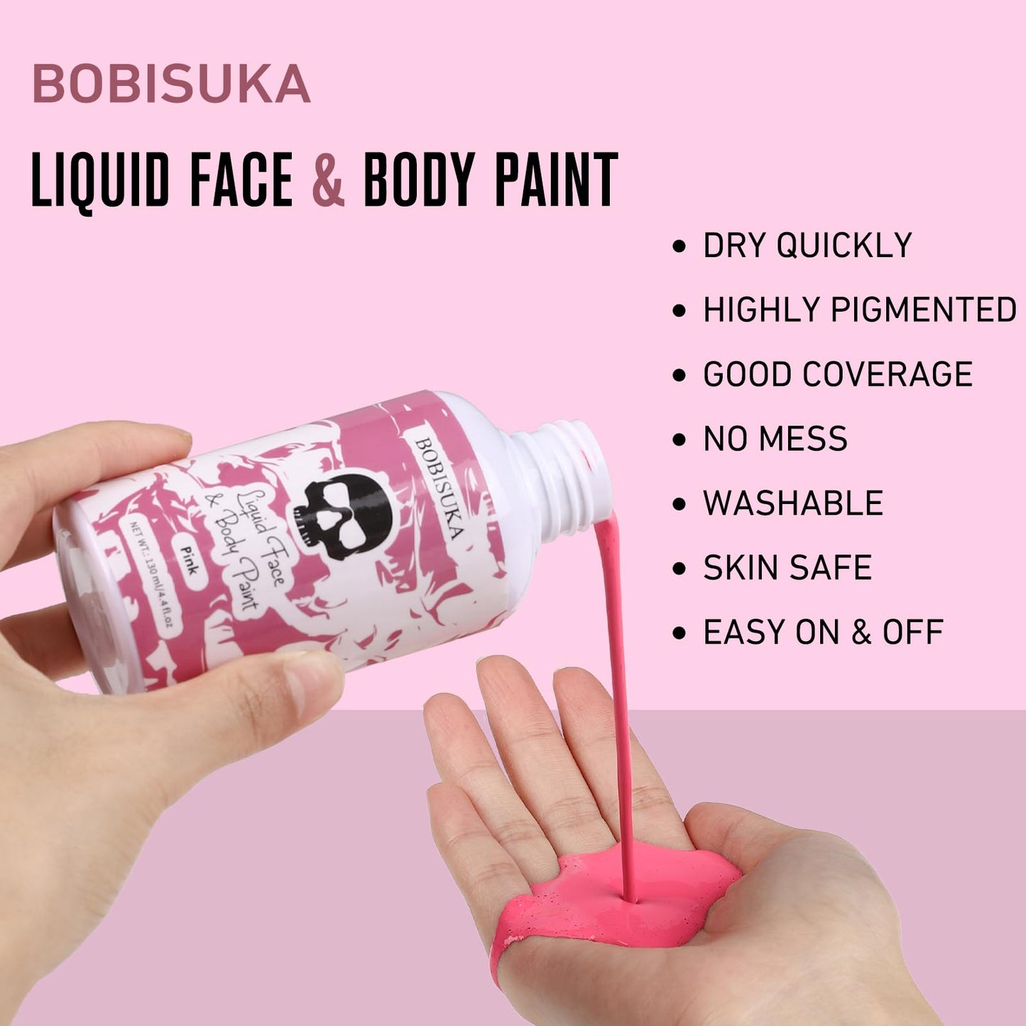 BOBISUKA Pink Face Body Paint Liquid Texture Washable Non Toxic Facepaint Fast Drying Foundation Makeup for Halloween Clown Cosplay SFX Costume Party Large Capacity(130ml)