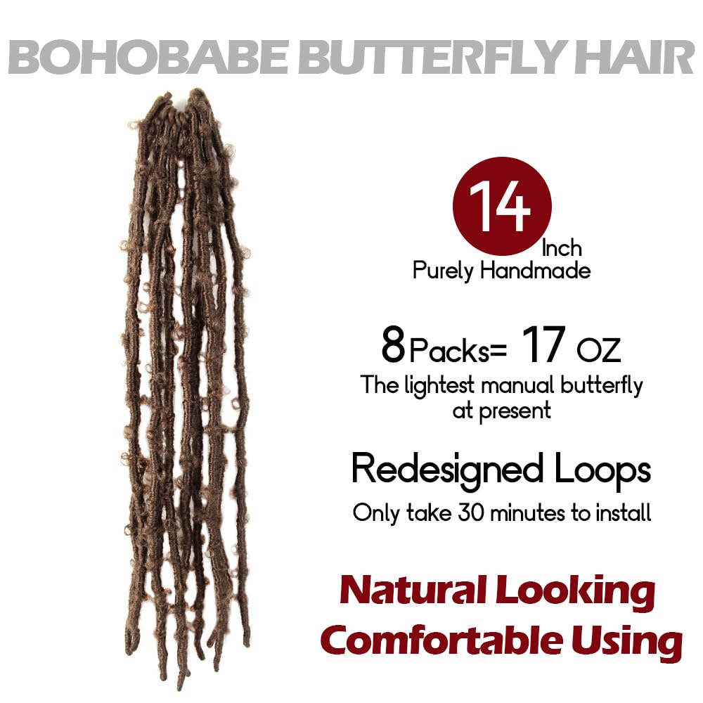 8 Packs Butterfly Locs Crochet Hair 14 Inch Light Weight Butterfly Faux Locs Crochet Hair Distressed Butterfly Locs, 27#