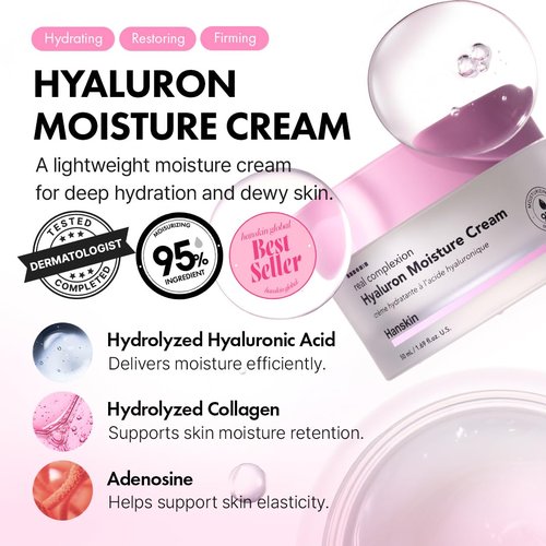 Hanskin Hyaluron Moisture Cream - Hydrating Korean Cream for Glass Skin | Hyaluronic Acid & Niacinamide | Lightweight for Sensitive & Dry Skin | K-Beauty (1.69 fl oz)