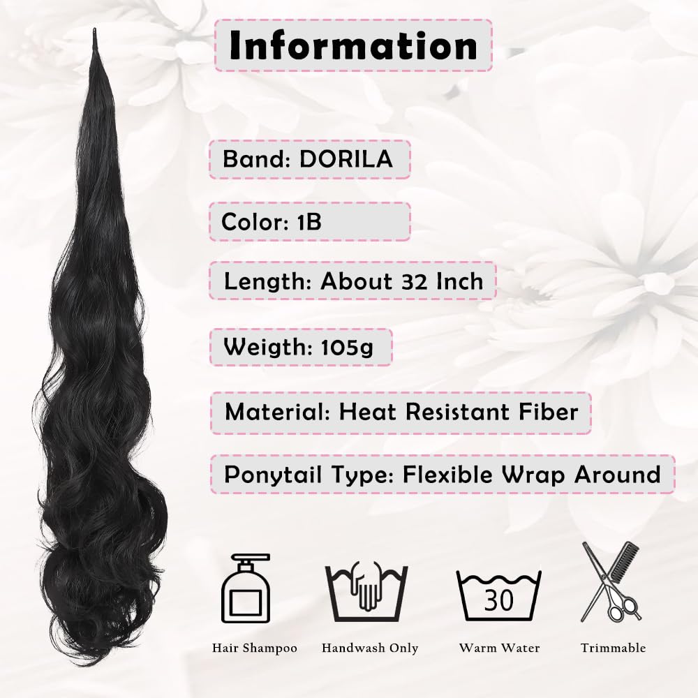 DORILA Ponytail Extension Flexible Wrap Around Ponytail Hair Extensions 32 Inch Long Curly Pony Tails Hair Extensions Wavy Hair Ponytails Hairpieces For Women Daily Use (1B(Black))